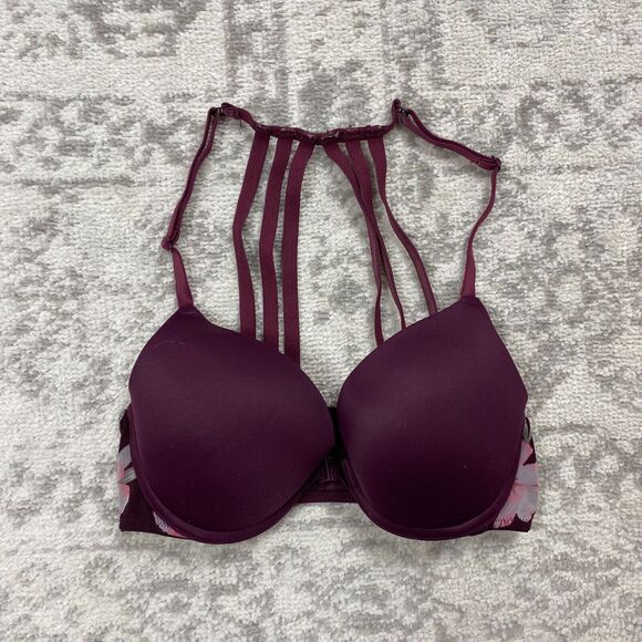 PINK Victoria Secret Wear Every Where Push Up Floral Print Red Bra Size 32C - Picture 1 of 6